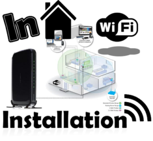 Collage of images creating one image consisting of a wifi router, graphic of a home, illustration of a home, and the word installation.